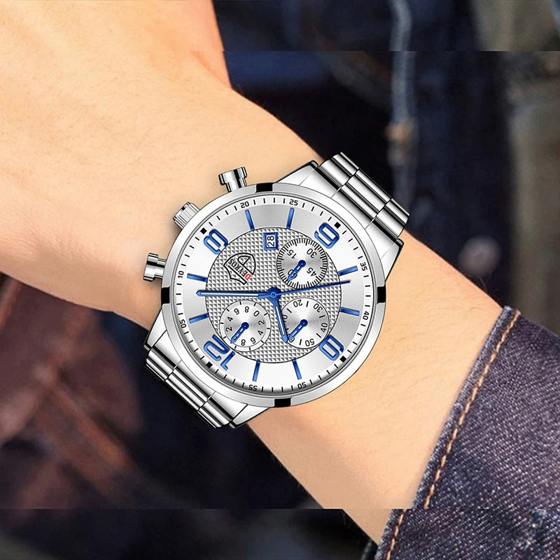 "Men's Luxury Business Watch – Quartz, Leather/Steel, Calendar, Luminous"