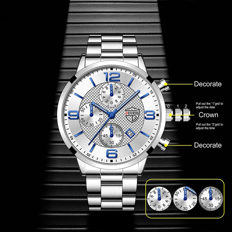 "Men's Luxury Business Watch – Quartz, Leather/Steel, Calendar, Luminous"