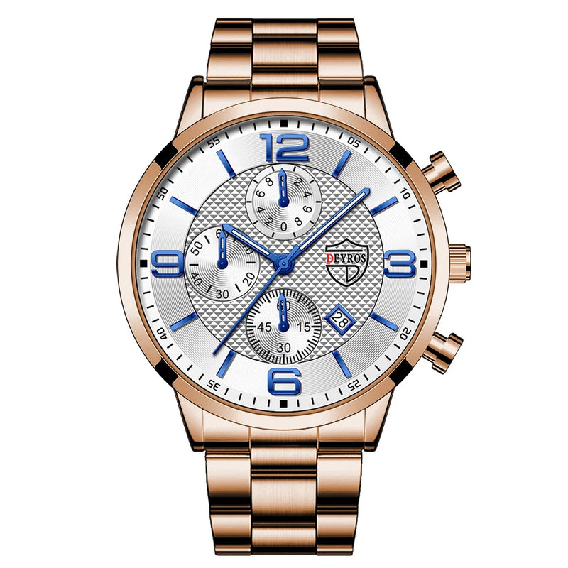 "Men's Luxury Business Watch – Quartz, Leather/Steel, Calendar, Luminous"