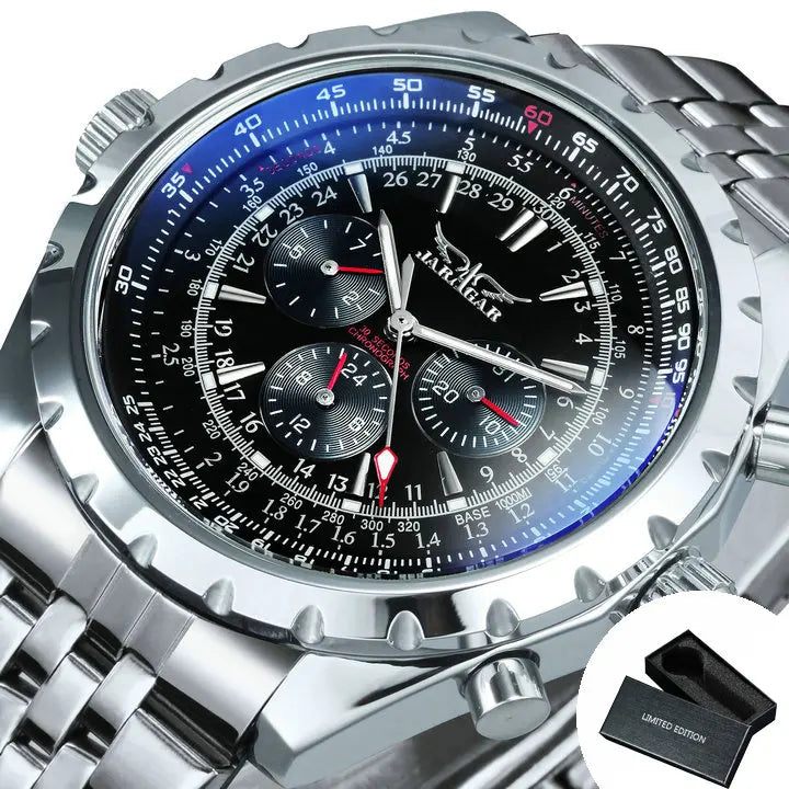 "MJARAGAR Men's Automatic Watch – Luxury Sports, Silver Steel, Military Style"