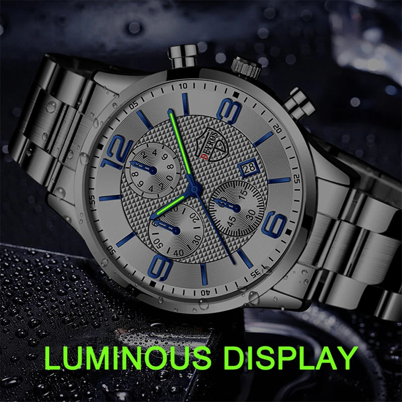 "Men's Luxury Business Watch – Quartz, Leather/Steel, Calendar, Luminous"
