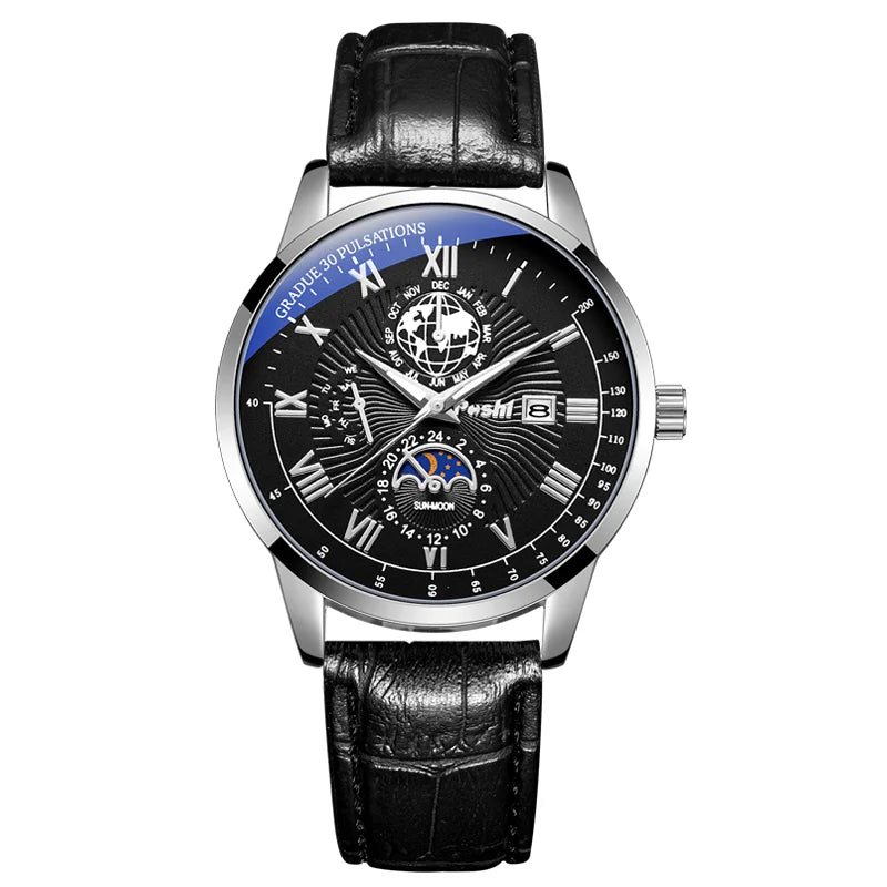 "POSHI Men's Luxury Watch – Swiss Brand, Leather Strap, Quartz, Waterproof"