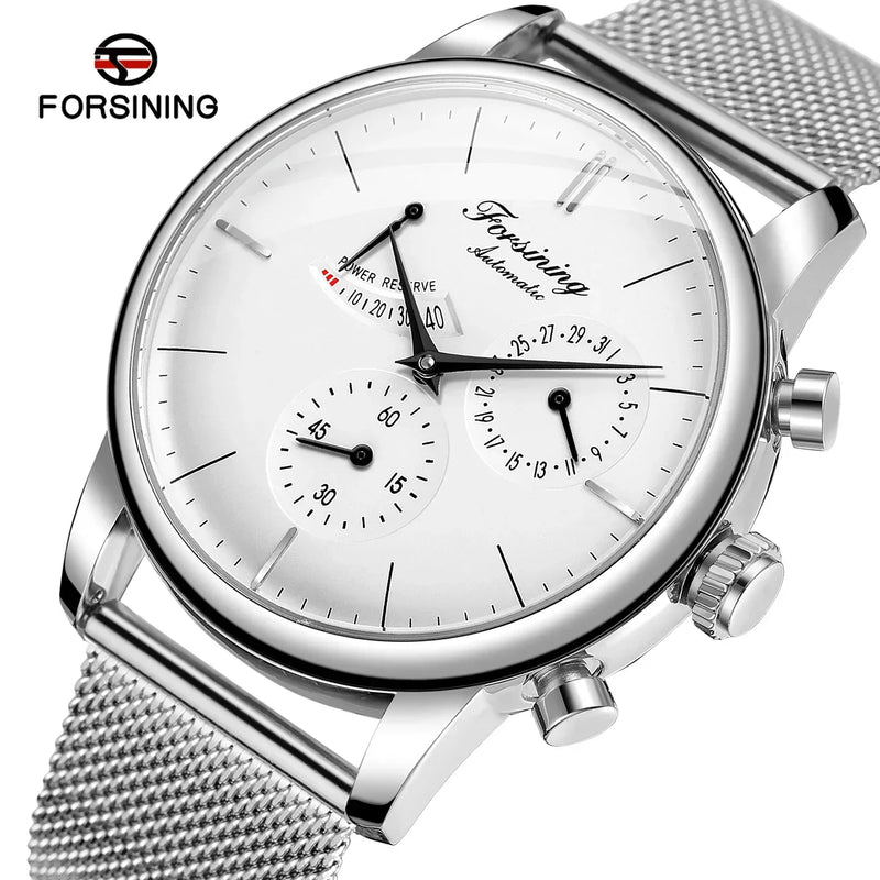"2024 Forsining Power Reserve Automatic Watch – White Dial, Mesh Strap, Waterproof"