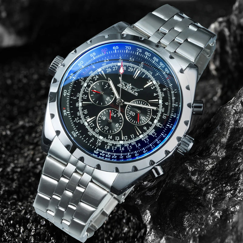 "MJARAGAR Men's Automatic Watch – Luxury Sports, Silver Steel, Military Style"