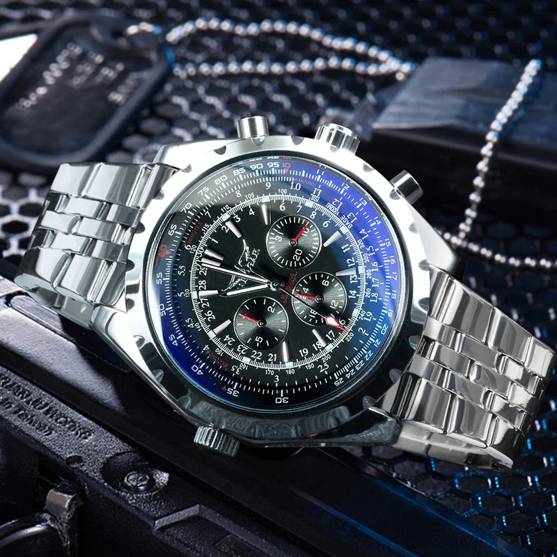"MJARAGAR Men's Automatic Watch – Luxury Sports, Silver Steel, Military Style"