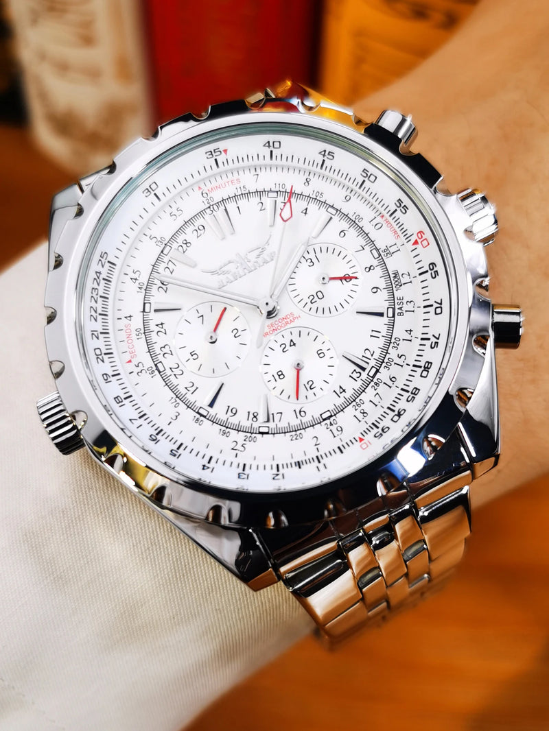 "MJARAGAR Men's Automatic Watch – Luxury Sports, Silver Steel, Military Style"