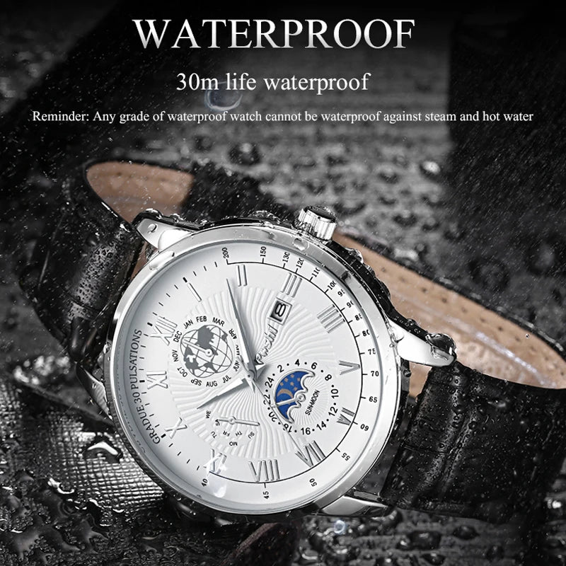 "POSHI Men's Luxury Watch – Swiss Brand, Leather Strap, Quartz, Waterproof"