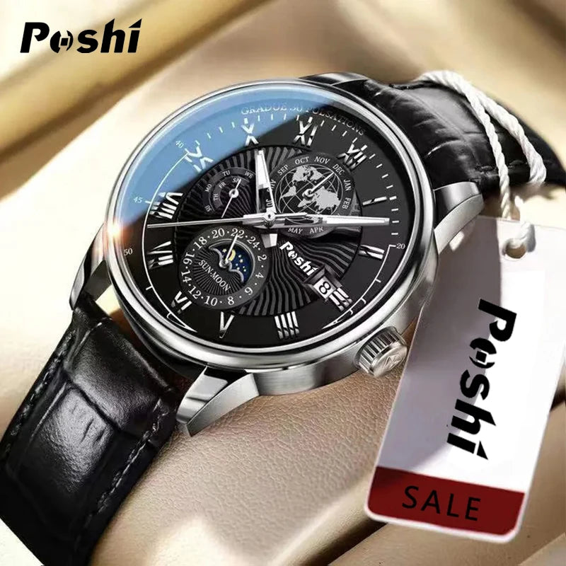"POSHI Men's Luxury Watch – Swiss Brand, Leather Strap, Quartz, Waterproof"