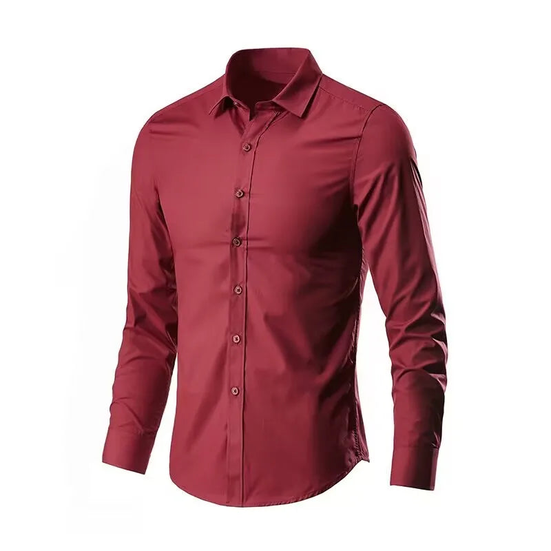 "Men's Slim Fit Dress Shirt – Stretch, Anti-Wrinkle, Long Sleeve, No Pocket"