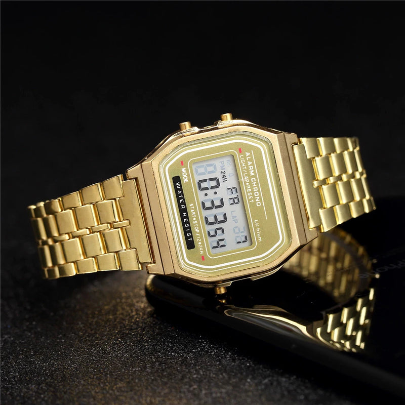 "2025 LED Digital Watch – Waterproof Sports Style, Unisex, Gold Bracelet"
