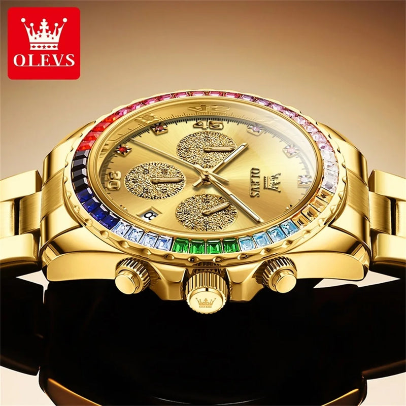 "OLEVS Men's Rainbow Gem Quartz Watch – Waterproof, Steel Strap, Luxury"