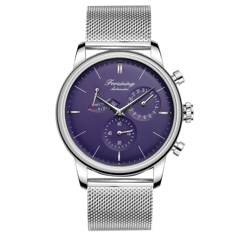 "2024 Forsining Power Reserve Automatic Watch – White Dial, Mesh Strap, Waterproof"