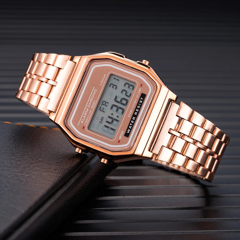 "2025 LED Digital Watch – Waterproof Sports Style, Unisex, Gold Bracelet"
