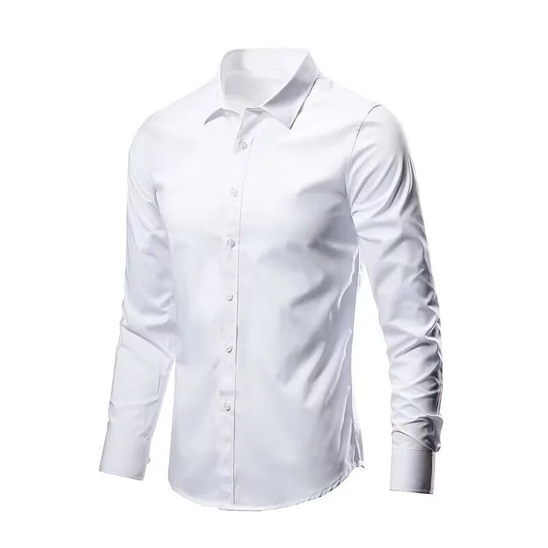 "Men's Slim Fit Dress Shirt – Stretch, Anti-Wrinkle, Long Sleeve, No Pocket"