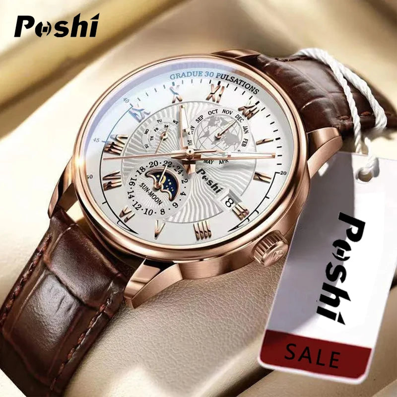 "POSHI Men's Luxury Watch – Swiss Brand, Leather Strap, Quartz, Waterproof"