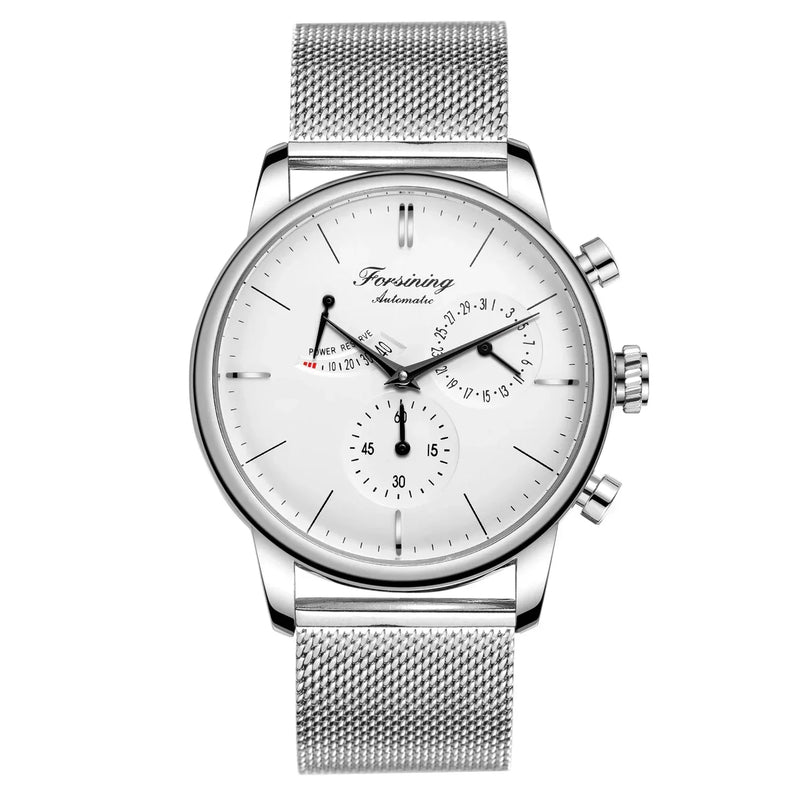 "2024 Forsining Power Reserve Automatic Watch – White Dial, Mesh Strap, Waterproof"