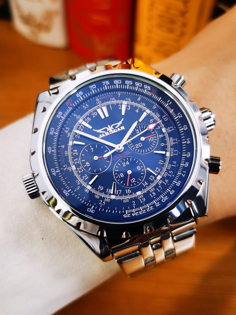"MJARAGAR Men's Automatic Watch – Luxury Sports, Silver Steel, Military Style"