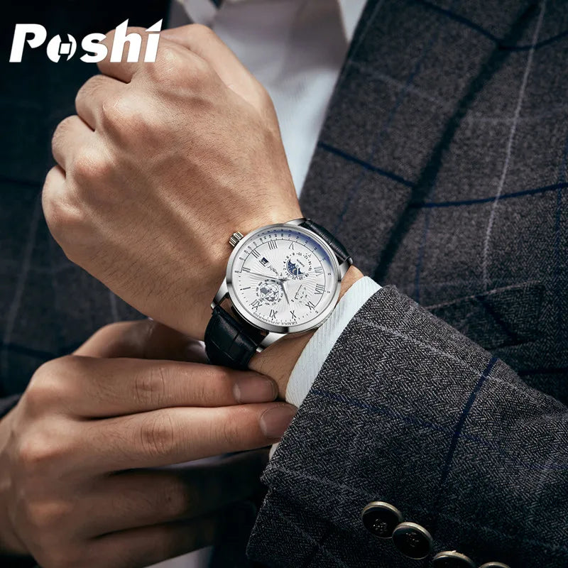 "POSHI Men's Luxury Watch – Swiss Brand, Leather Strap, Quartz, Waterproof"