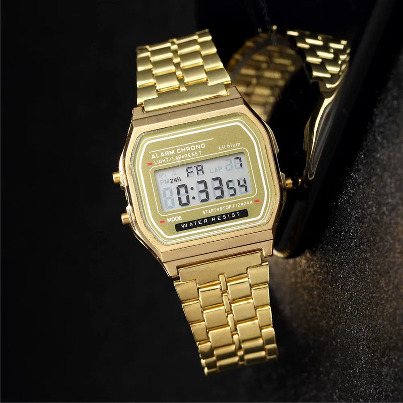 "2025 LED Digital Watch – Waterproof Sports Style, Unisex, Gold Bracelet"