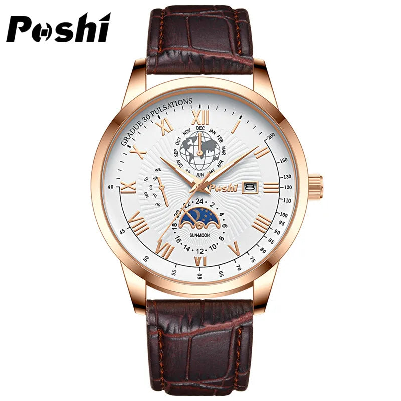 "POSHI Men's Luxury Watch – Swiss Brand, Leather Strap, Quartz, Waterproof"
