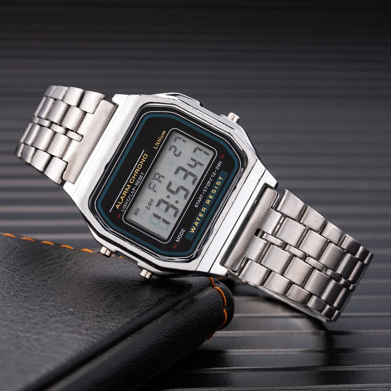 "2025 LED Digital Watch – Waterproof Sports Style, Unisex, Gold Bracelet"