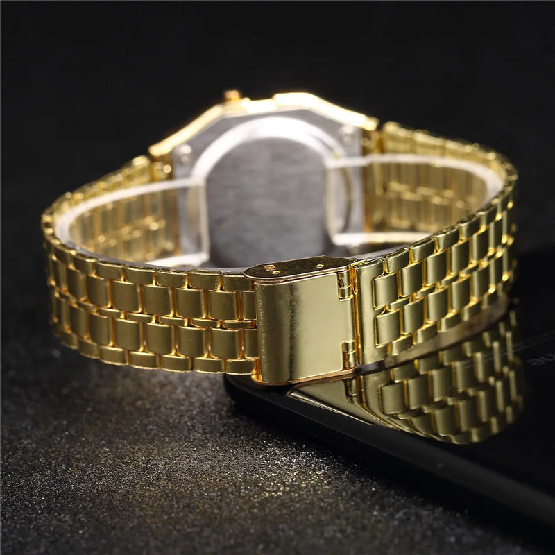 "2025 LED Digital Watch – Waterproof Sports Style, Unisex, Gold Bracelet"