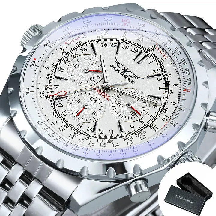 "MJARAGAR Men's Automatic Watch – Luxury Sports, Silver Steel, Military Style"