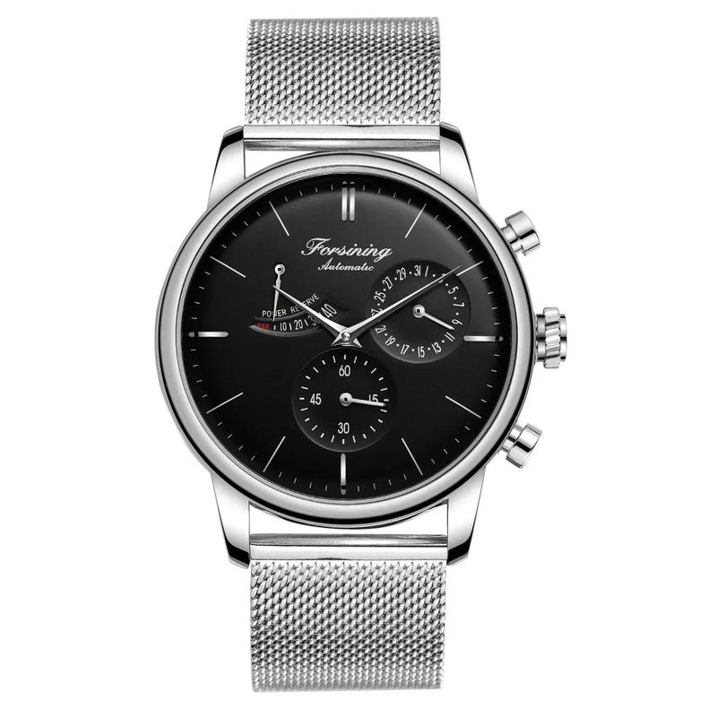 "2024 Forsining Power Reserve Automatic Watch – White Dial, Mesh Strap, Waterproof"