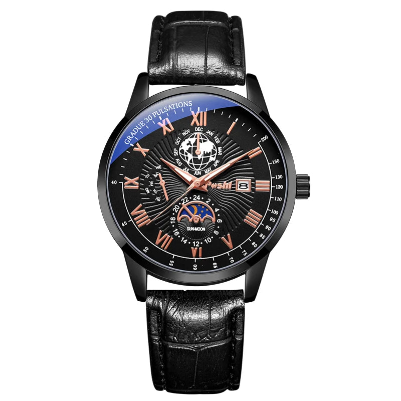 "POSHI Men's Luxury Watch – Swiss Brand, Leather Strap, Quartz, Waterproof"