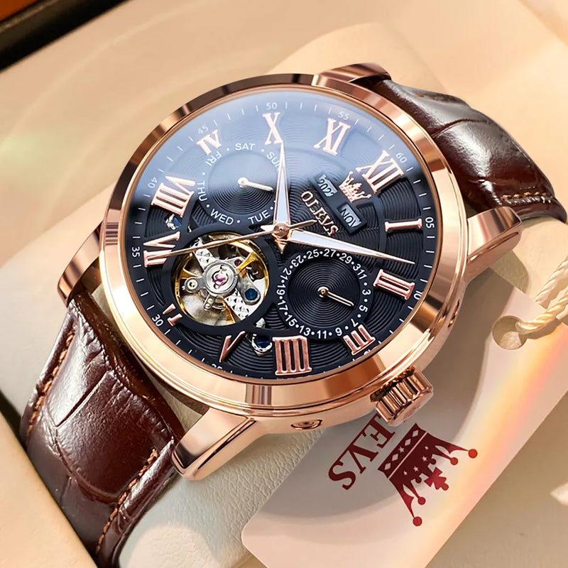 "OLEVS 6668 Men's Automatic Watch – Leather Strap, Waterproof, Luminous"