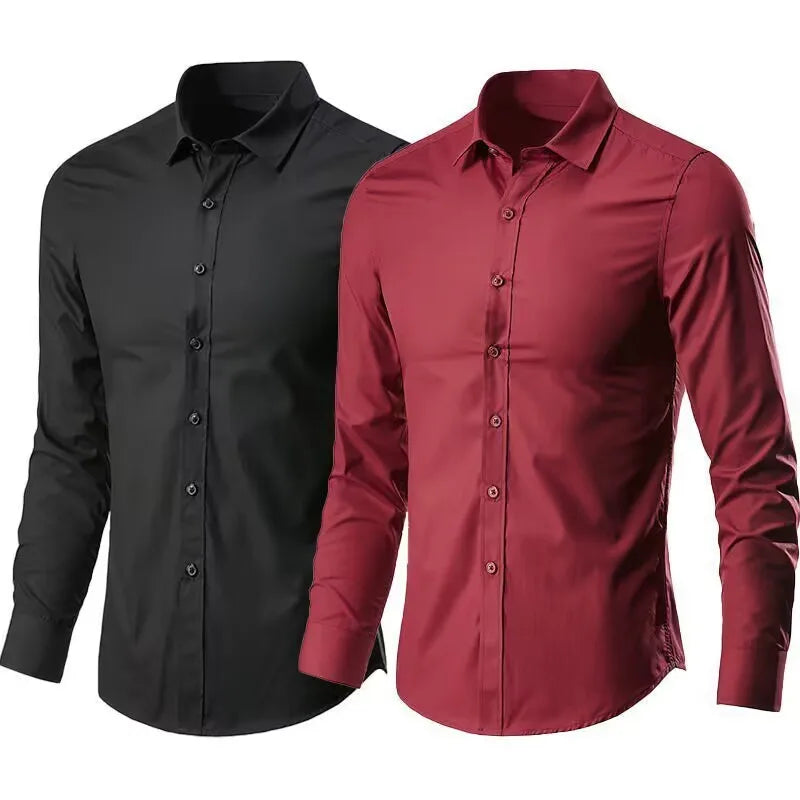 "Men's Slim Fit Dress Shirt – Stretch, Anti-Wrinkle, Long Sleeve, No Pocket"