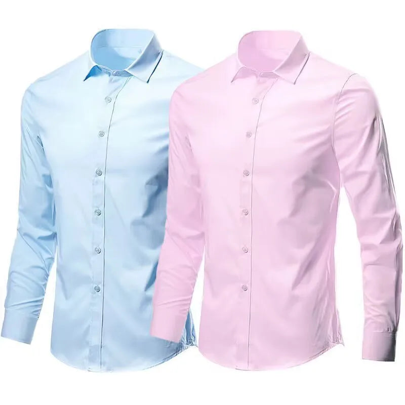 "Men's Slim Fit Dress Shirt – Stretch, Anti-Wrinkle, Long Sleeve, No Pocket"