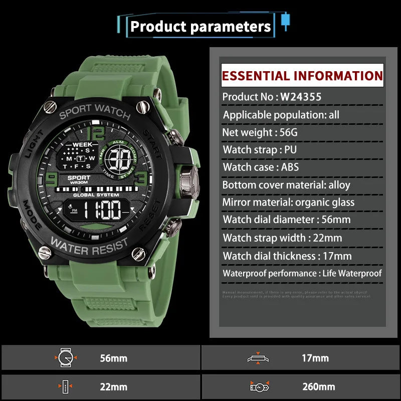 "Men's Luxury Digital Sports Watch – Waterproof, Stopwatch, Calendar"