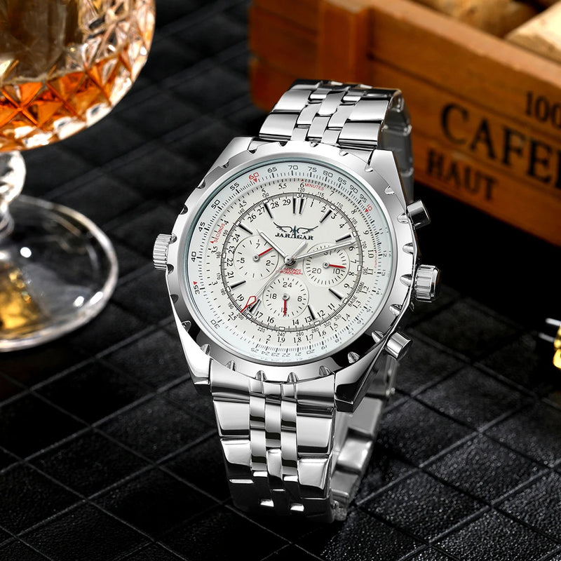 "MJARAGAR Men's Automatic Watch – Luxury Sports, Silver Steel, Military Style"