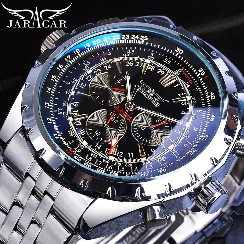 "MJARAGAR Men's Automatic Watch – Luxury Sports, Silver Steel, Military Style"