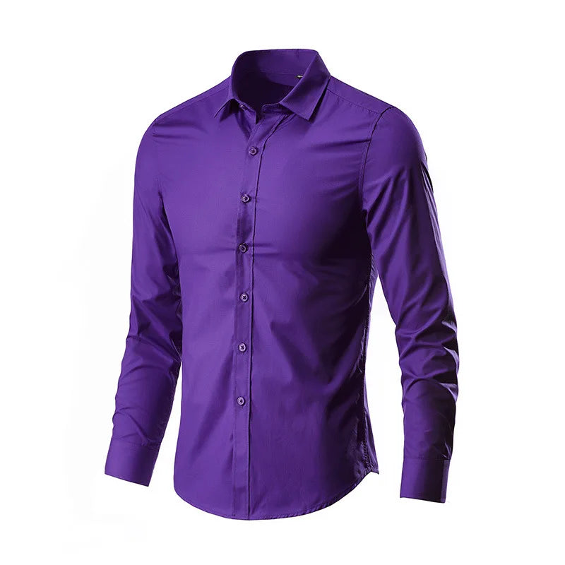 "Men's Slim Fit Dress Shirt – Stretch, Anti-Wrinkle, Long Sleeve, No Pocket"