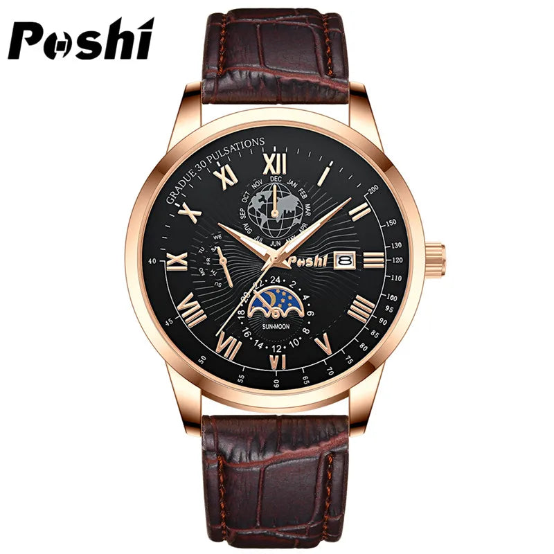 "POSHI Men's Luxury Watch – Swiss Brand, Leather Strap, Quartz, Waterproof"